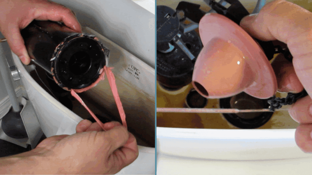 Hands removing an old worn toilet flapper from the flush valve inside a toilet tank to fix a running toilet.