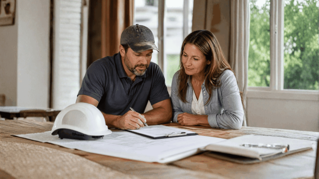 Homeowner and contractor reviewing a construction contract together with blueprints and a clipboard on the table