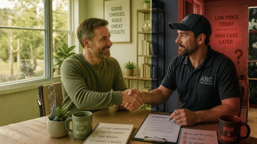 Homeowner and contractor shaking hands, split image representing red flags and green flags when hiring a contractor