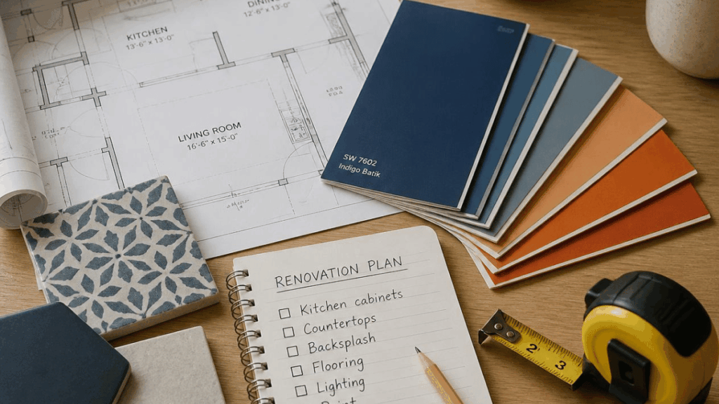 Overhead flat lay of a home renovation planning desk with unrolled blueprints, blue and orange paint and tile swatches, a checklist notepad, pencil, and measuring tape on a light wood table