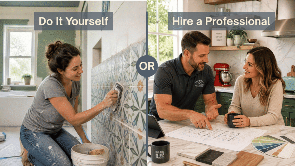 Split image comparing DIY tiling versus hiring a contractor for a home remodel