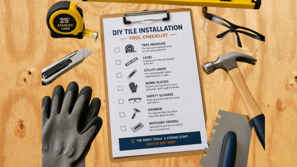 Flat lay of essential beginner tools for a bathroom remodel including a tape measure, level, and checklist