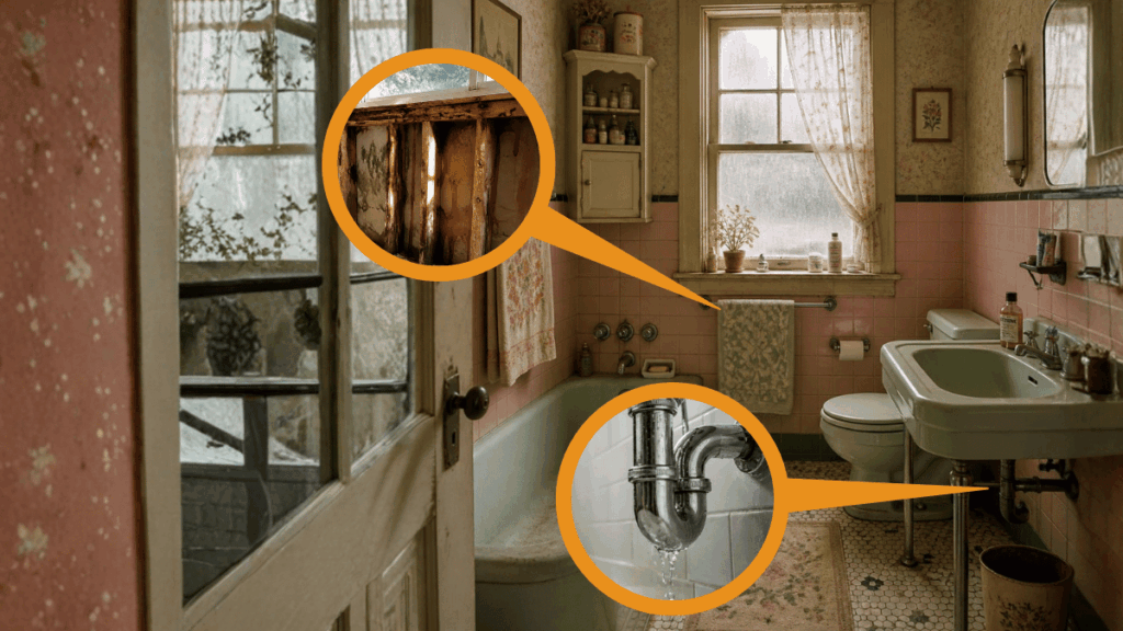 Outdated bathroom with callout circles showing water damaged studs below the window and a leaking P-trap under the sink