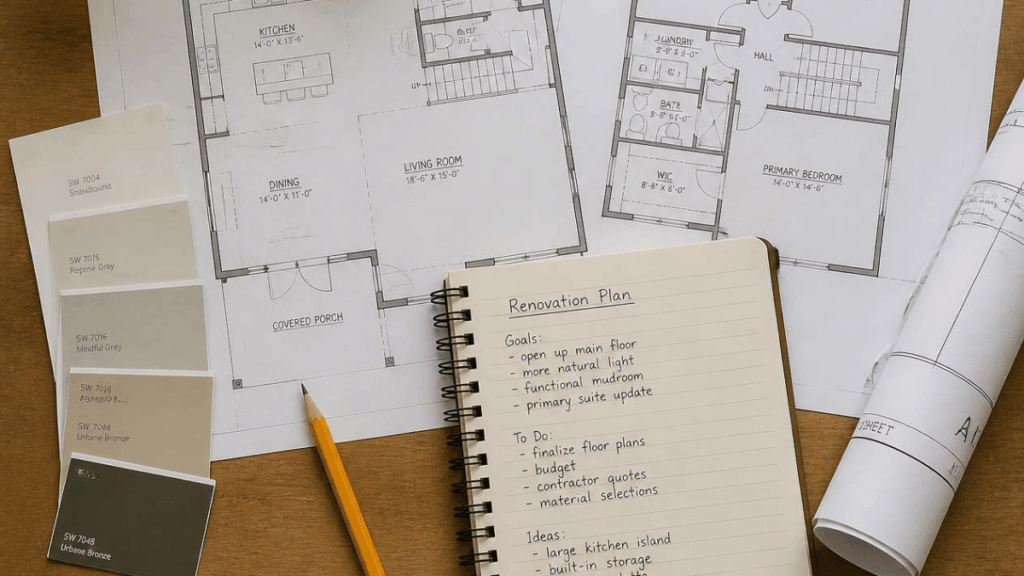 Overhead flat lay of home remodel budget planning items including a notebook with budget numbers, a rolled blueprint, a tape measure, and ceramic tile samples on a wood table