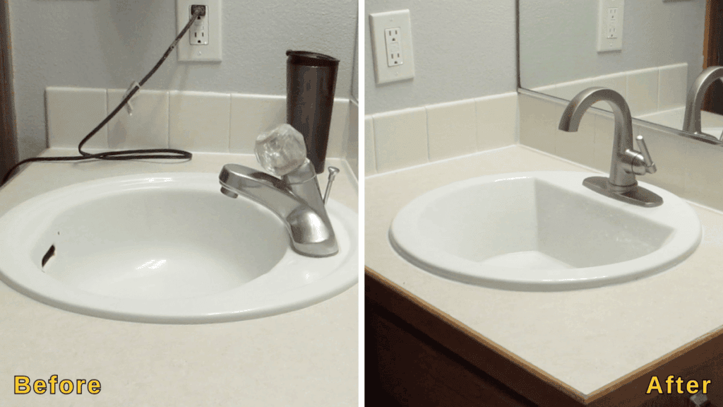 Before and after comparison of two bathroom sinks showing a successful DIY sink and faucet installation