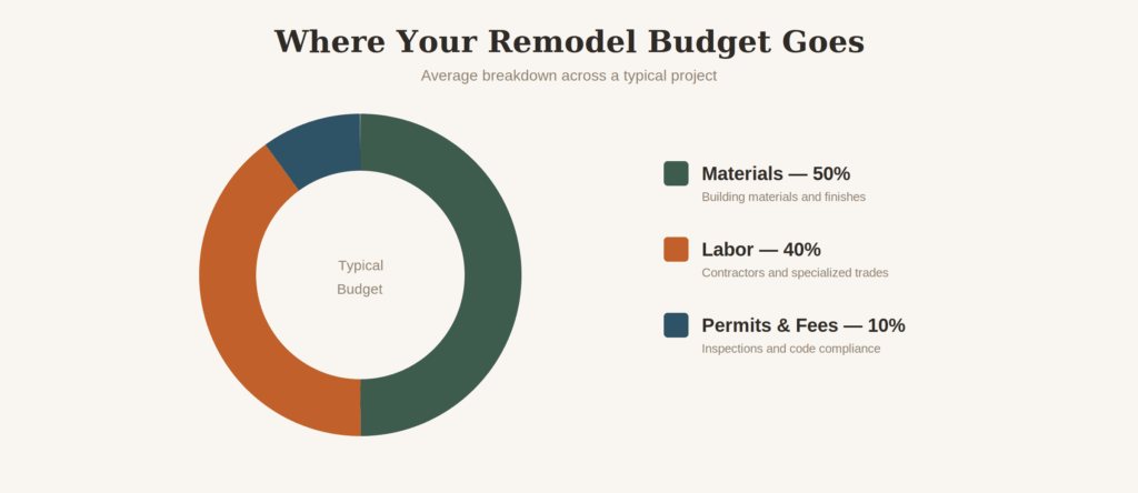 Donut chart showing remodel budget split between materials, labor, and permits