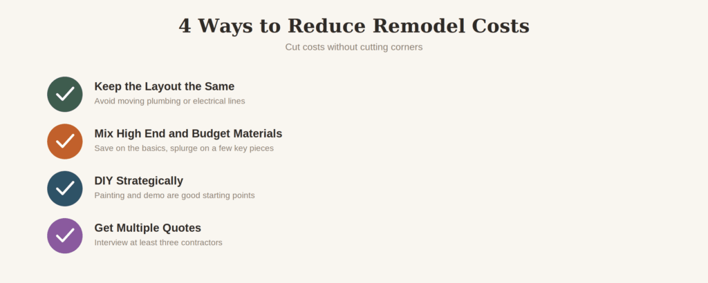 Checklist of four ways to lower remodel costs including layout, materials, DIY, and quotes