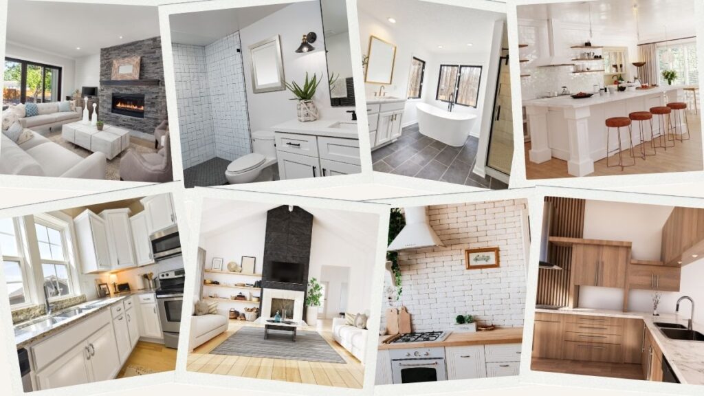 Collage of finished bathroom, kitchen, and living room remodels for design inspiration