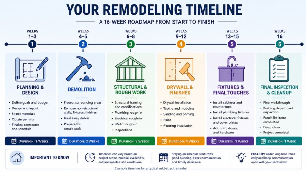 16 week home remodel timeline infographic from planning to final inspection